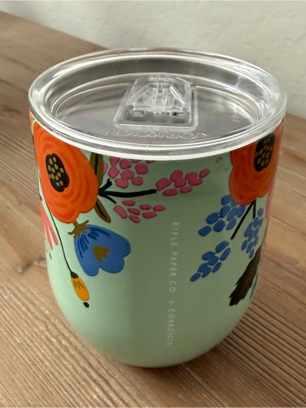 12oz Corkcicle stemless tumbler featuring a "Lively Floral Mint" Rifle Paper Co.